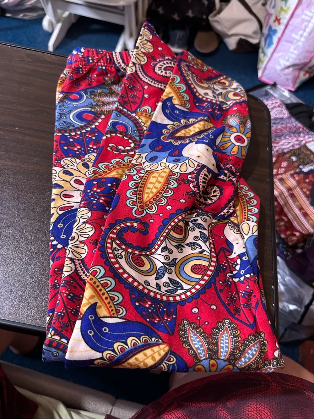 WinWin Fleece Lined Red Paisley Print Leggings with Blue, Yellow and White Accen
